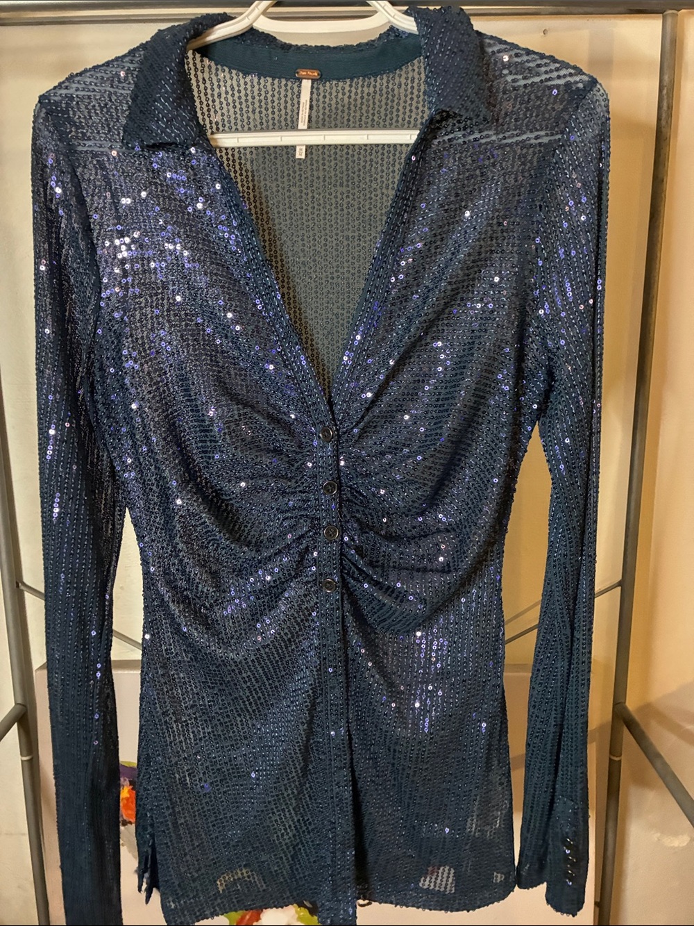 Free People Navy Sequin Ruched Button-Front Shirt